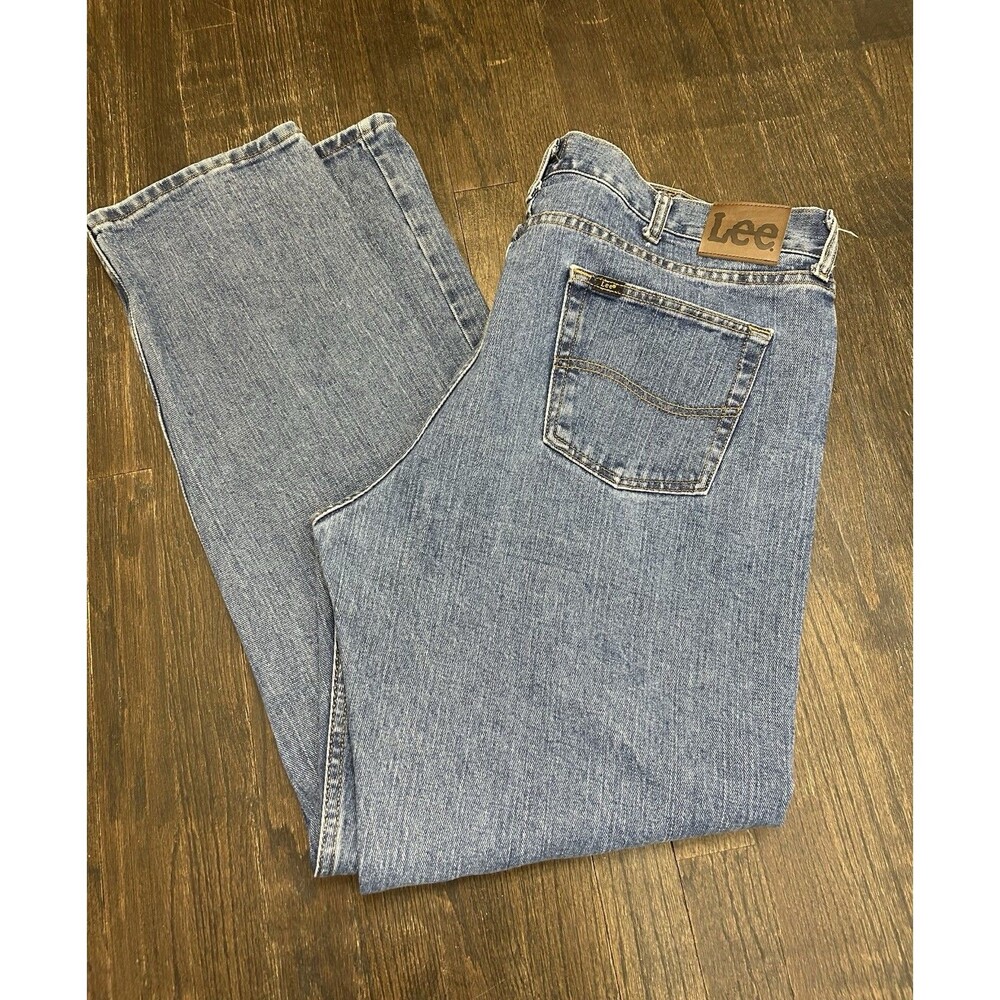 Lee Straight Fit Blue Denim Jeans Men's Mid Rise 5-Pocket Cotton 42X34